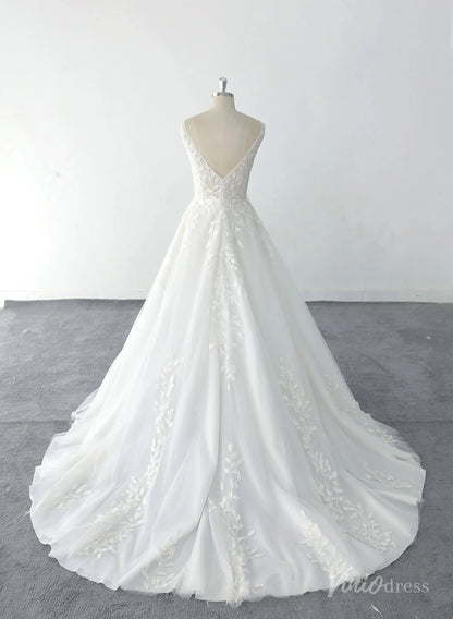 Romantic Ivory Floral Lace Wedding Dress with V-Neckline, Illusion Back & Chapel Train – LA142-wedding dresses 2025 -Viniodress-Ivory-Custom Size-