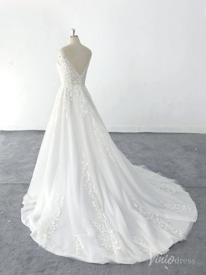 Romantic Ivory Floral Lace Wedding Dress with V-Neckline, Illusion Back & Chapel Train – LA142-wedding dresses 2025 -Viniodress-Ivory-Custom Size-