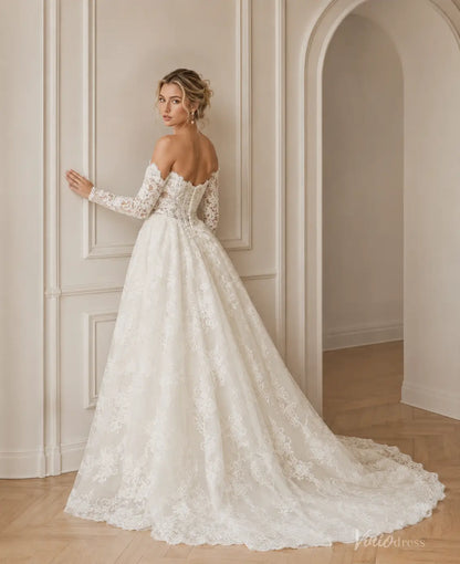 Off-the-shoulder LC123 wedding dress featuring intricate white lace, long sleeves, and a full, flowing floor-length skirt.