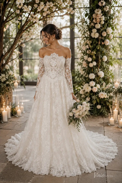 Off-the-shoulder A-line wedding dress with long lace sleeves, intricate floral embroidery, and a sweeping train.