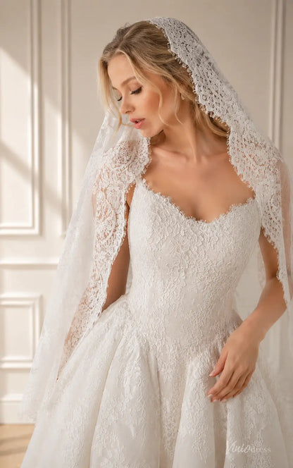 White lace wedding dress with a sweetheart neckline and matching intricate lace veil, featuring a classic bridal silhouette.