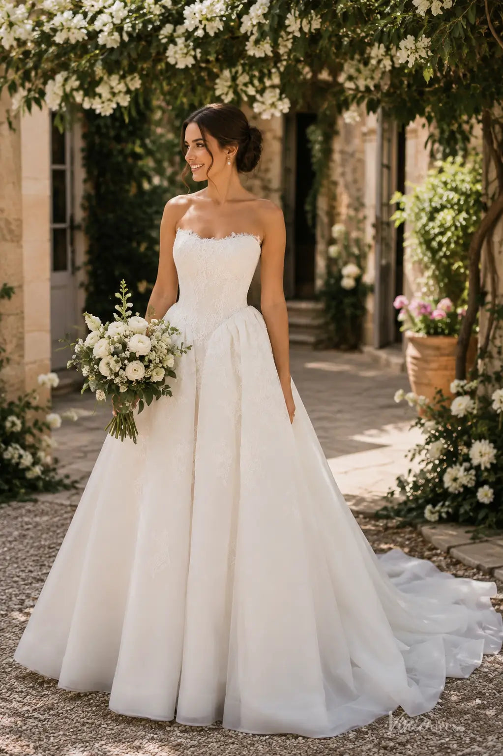 Strapless white A-line wedding dress with delicate lace bodice and full tulle skirt, held by a bride with a floral bouquet.