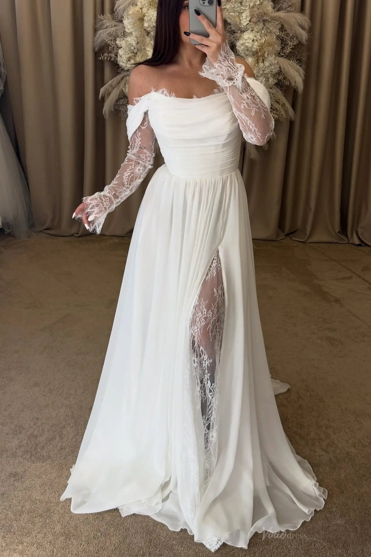 Ivory Off-the-Shoulder Wedding Dress with Lace Sleeves – MS155 – Viniodress