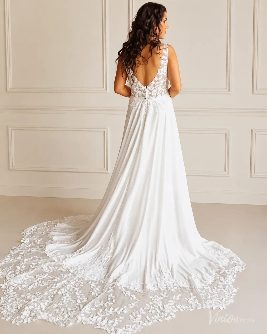 Plunging V-Neck Leaf Appliqué Chiffon Wedding Dress with Train