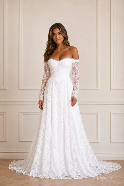 White off-the-shoulder lace wedding dress with long sleeves, a corset-style bodice, and a flowing A-line skirt.