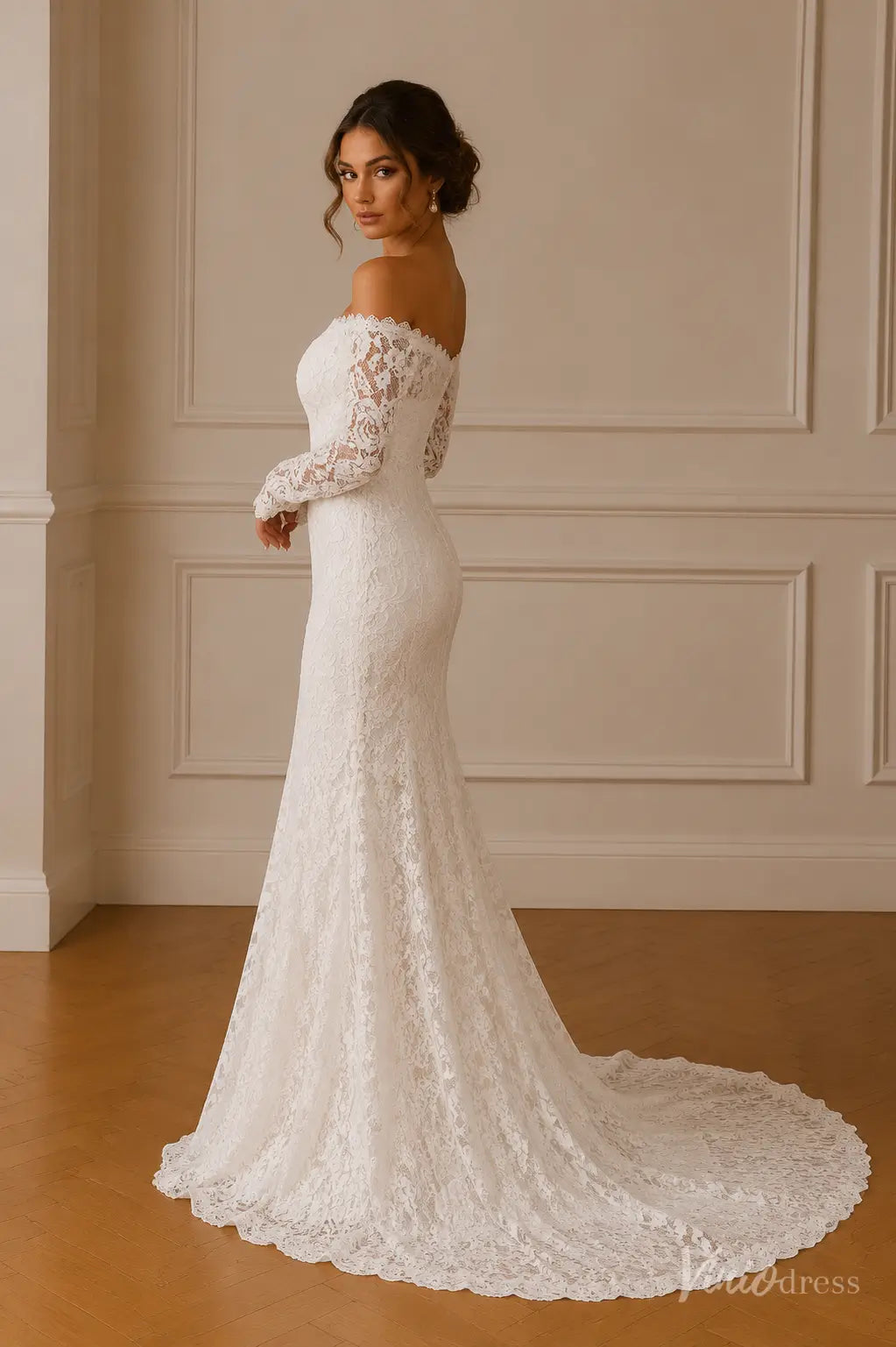 Off-the-shoulder white lace mermaid wedding dress with long sheer sleeves and a scalloped train.