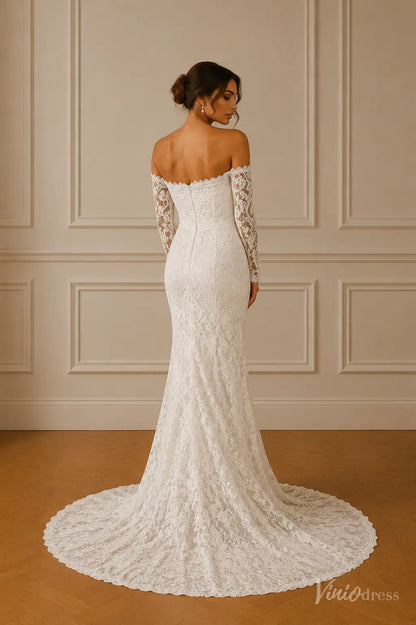 Off-the-shoulder white lace mermaid wedding dress with sheer long sleeves and a scalloped train.