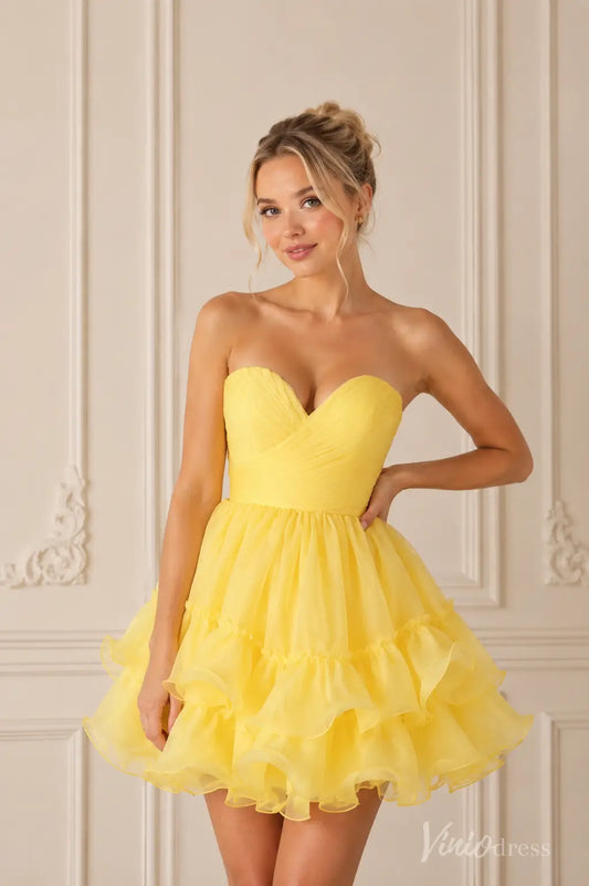 Strapless yellow sweetheart mini dress S26127 with a ruffled organza skirt
