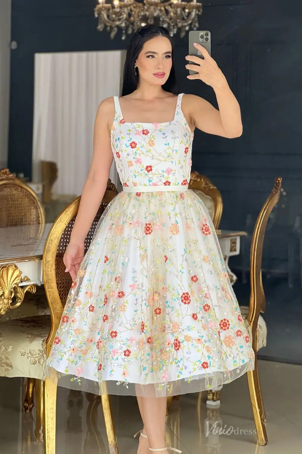 Romantic Short Floral Embroidered Wedding Dress with Square Neckline & Removable Sheer Sleeves – FW257-wedding dresses 2025 -Viniodress-Ivory-Custom Size-