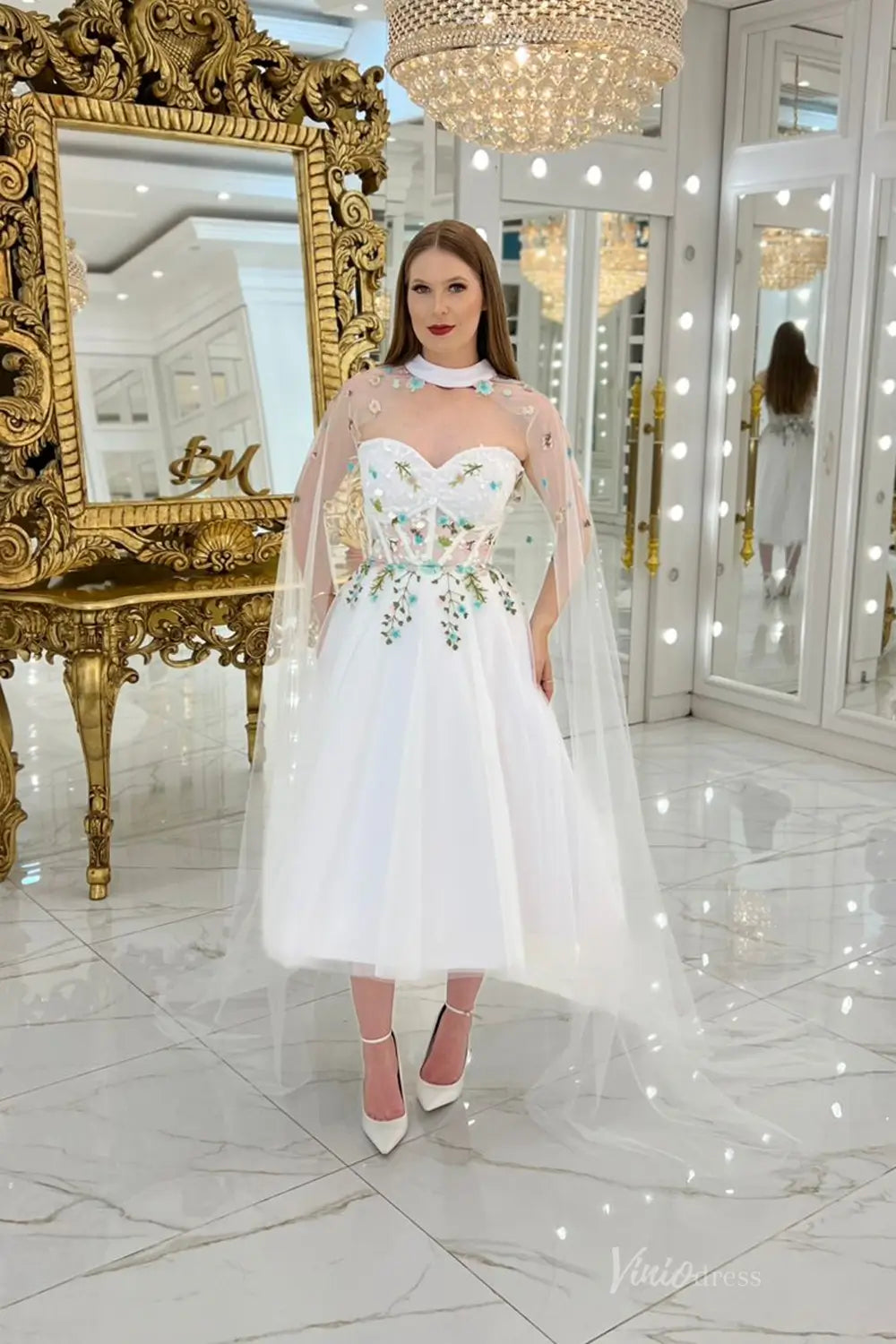 Romantic Short Floral Embroidered Wedding Dress with Sweetheart Bodice & Tea-Length Skirt – FW258-wedding dresses 2025 -Viniodress-Ivory-Custom Size-Strapless