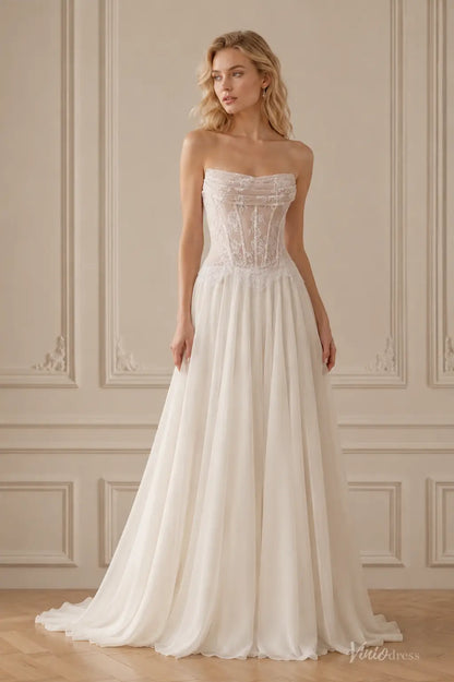 Strapless white beach wedding dress with a sheer lace corset bodice and a flowing, lightweight chiffon A-line skirt.