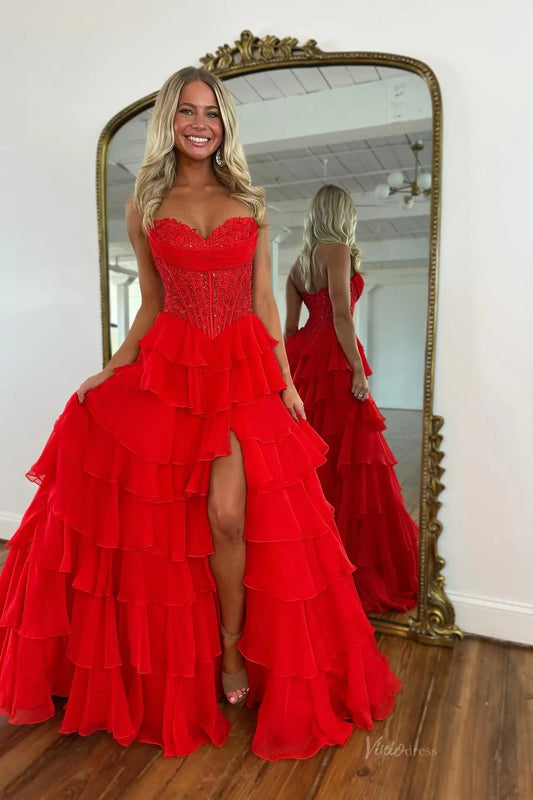 Romantic Tiered Ruffle Prom Dress with Lace Corset Bodice, Sweetheart Neckline & High Slit – RF217-prom dresses 2026-Viniodress-Red-Custom Size – Add Measurements in Cart-
