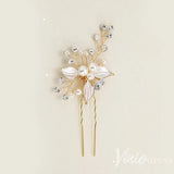 Rose Gold Bridal Haripin with Crystal Sprig and Leaves AC1157-Headpieces-Viniodress-Gold-Viniodress