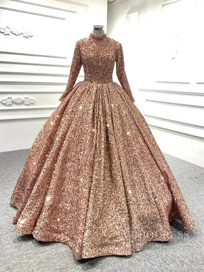 Rose Gold Prom Ball Gown with Long Sleeve High Neck 67098-Quinceanera Dresses 2025 -Viniodress-Rose Gold-Custom Size-