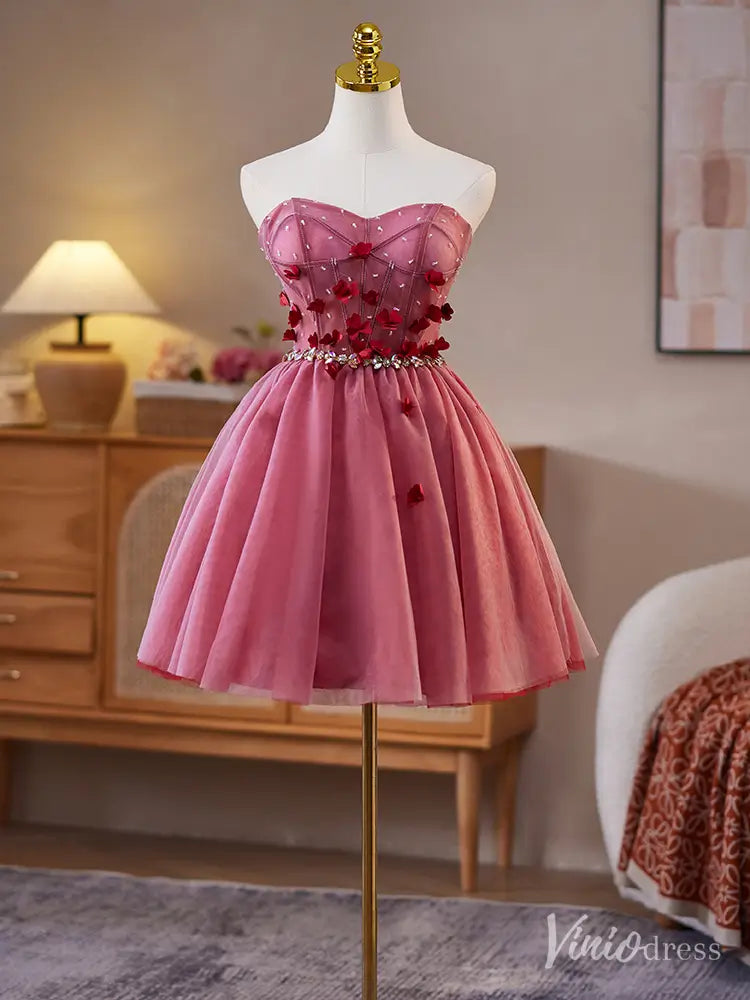Rose Pink Strapless Homecoming Dress with Red Petal Appliqués and Rhinestone Waist – BJ077-prom dresses 2025 -Viniodress-Pink-Custom Size-