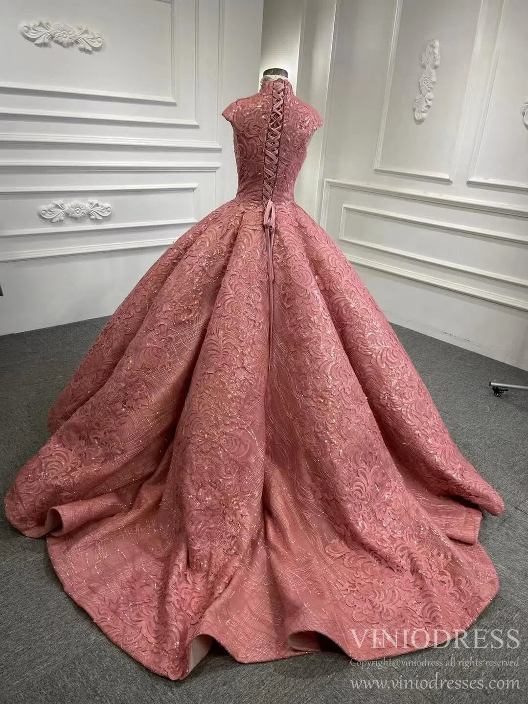 Rose Pink Sweet 16 Dress High Neck Ball Gown 66686 Cap Sleeve-Quinceanera Dresses 2025 -Viniodress-Pink-Custom Size-