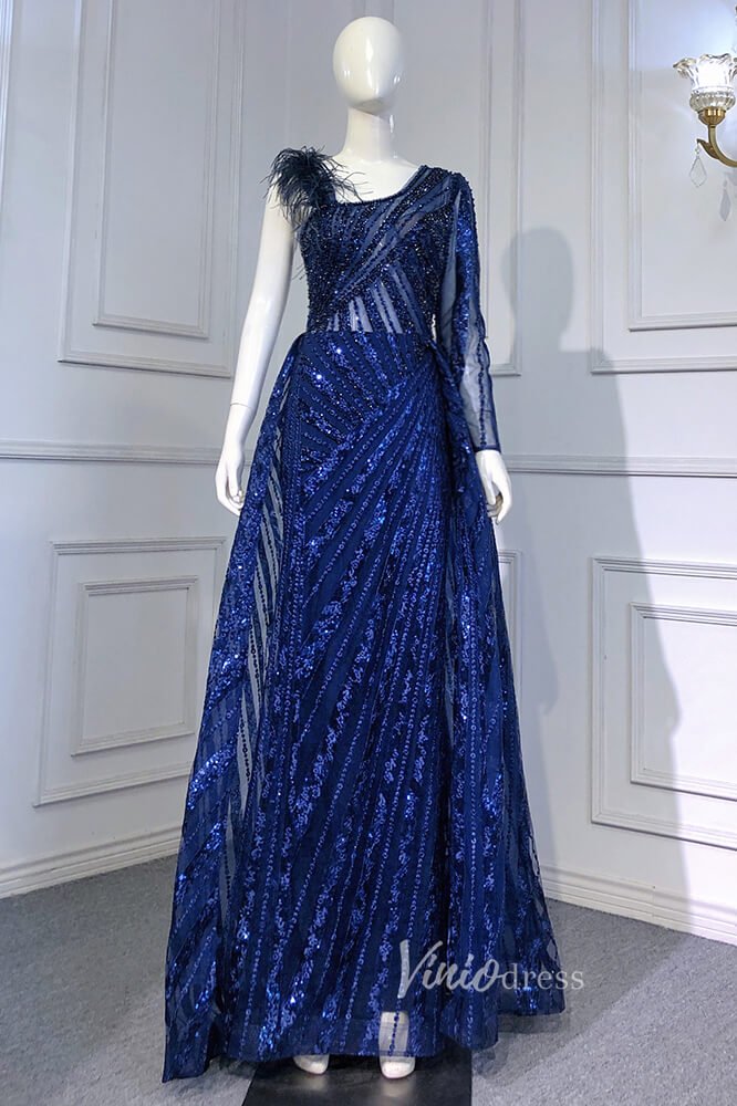 Royal Blue Beaded Evening Dresses One Shoulder Prom Dress FD3019-Evening Dresses 2025 -Viniodress-Royal Blue-US 2-