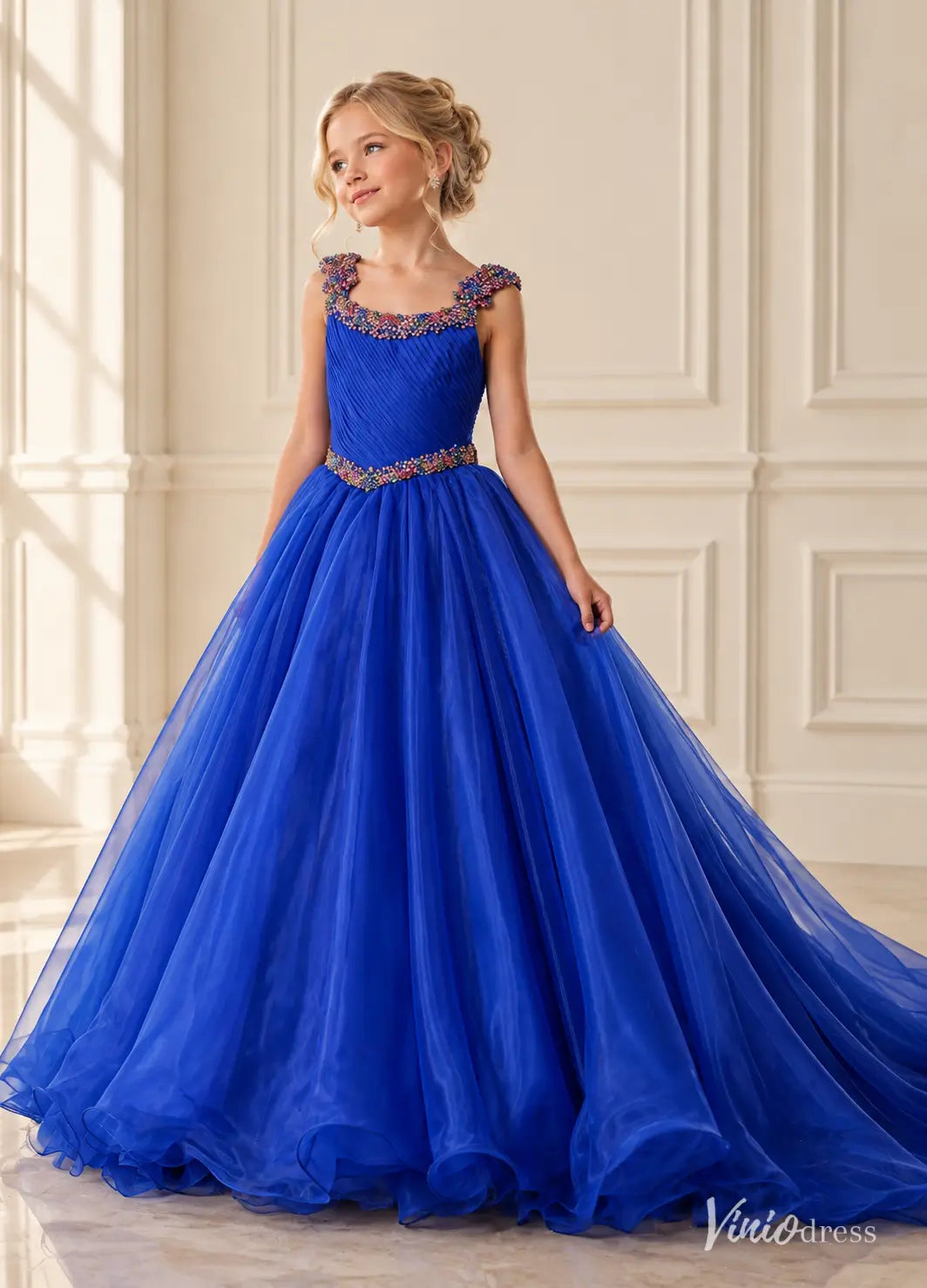 Royal Blue Beaded Little Girl Pageant Dress with Organza Ball Gown Skirt KD010