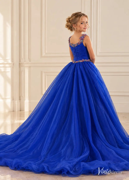 Royal Blue Beaded Little Girl Pageant Dress with Organza Ball Gown Skirt KD010