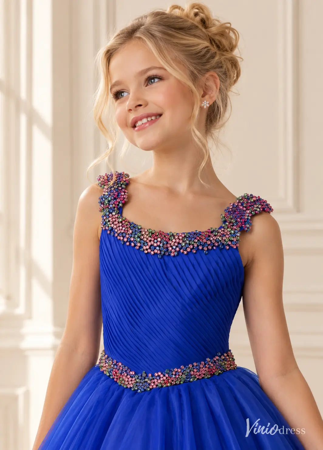 Royal Blue Beaded Little Girl Pageant Dress with Organza Ball Gown Skirt KD010