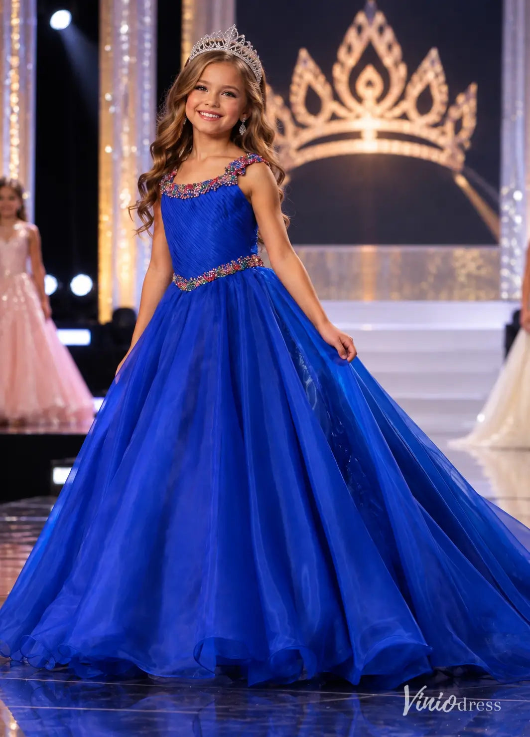 Royal Blue Beaded Little Girl Pageant Dress with Organza Ball Gown Skirt KD010