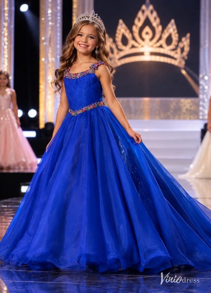 Royal Blue Beaded Little Girl Pageant Dress with Organza Ball Gown Skirt KD010