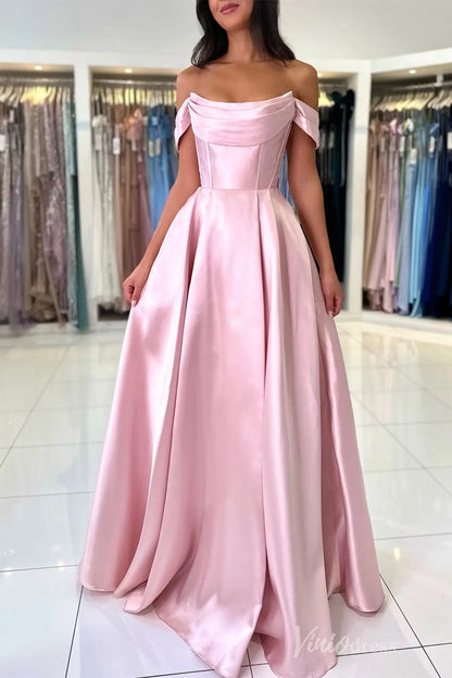 Royal Blue Off-Shoulder Satin Prom Dress with Draped Neckline, Corset Bodice, and Pockets – AS006-prom dresses 2025 -Viniodress-Blue-Custom Size-