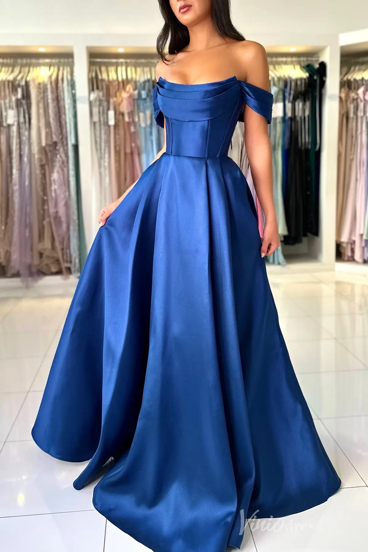 Royal Blue Off-Shoulder Satin Prom Dress with Corset Bodice and Pockets – AS006 – Viniodress