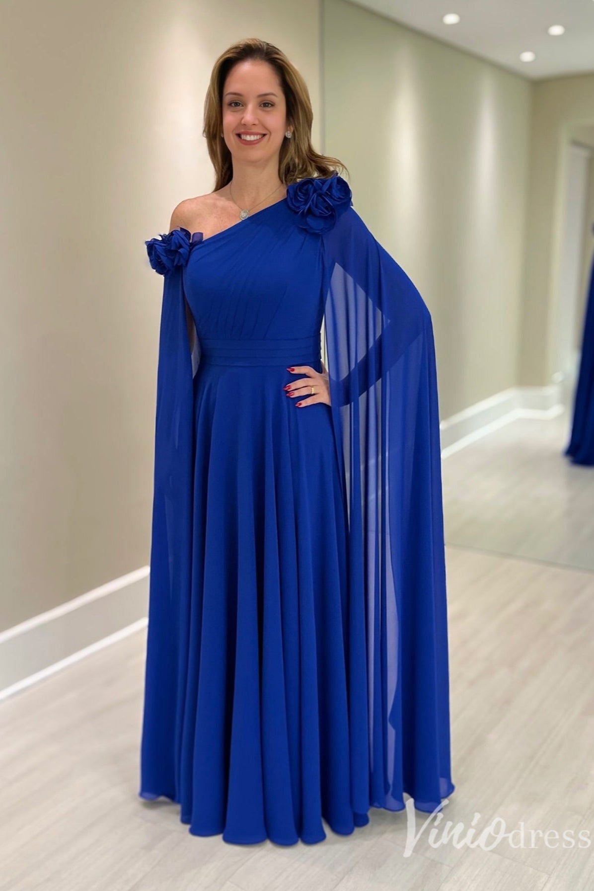 Royal Blue One-Shoulder Cape Sleeve Mother of the Bride Dress with 3D Flowers – FD6134