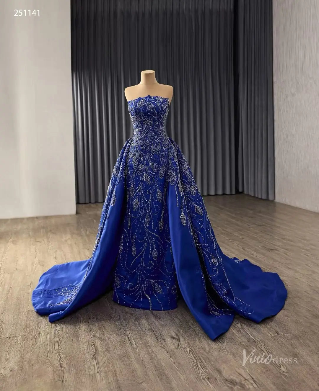 Royal Blue Ornate Beaded Wedding Dress with Overskirt – 251141 – Viniodress