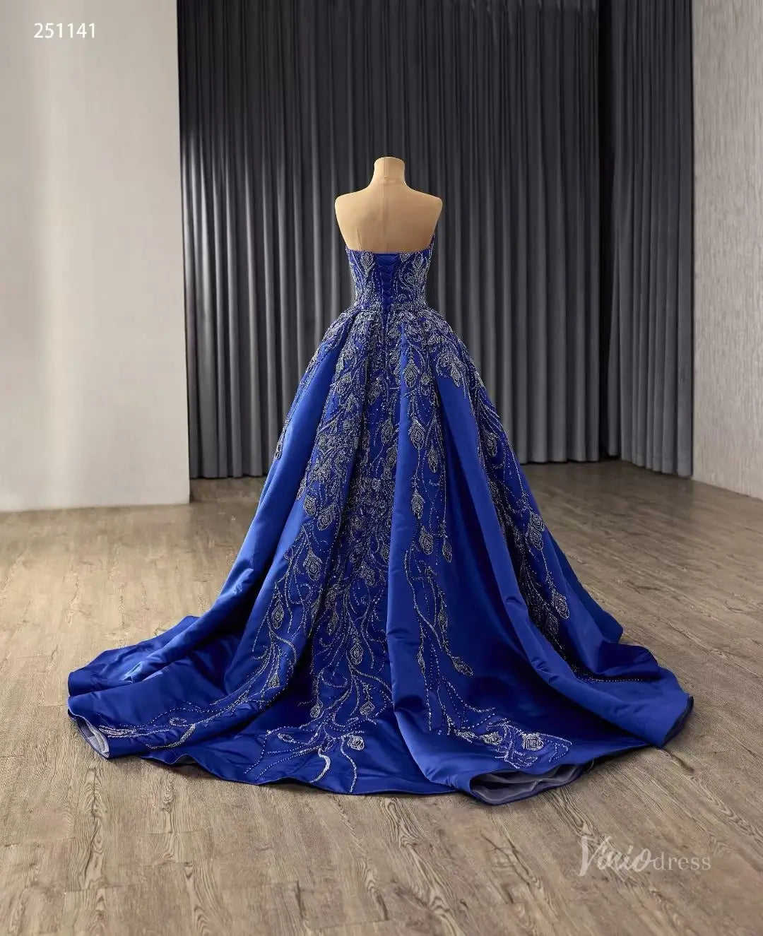 Royal Blue Ornate Beaded Wedding Dress with Overskirt – 251141 – Viniodress