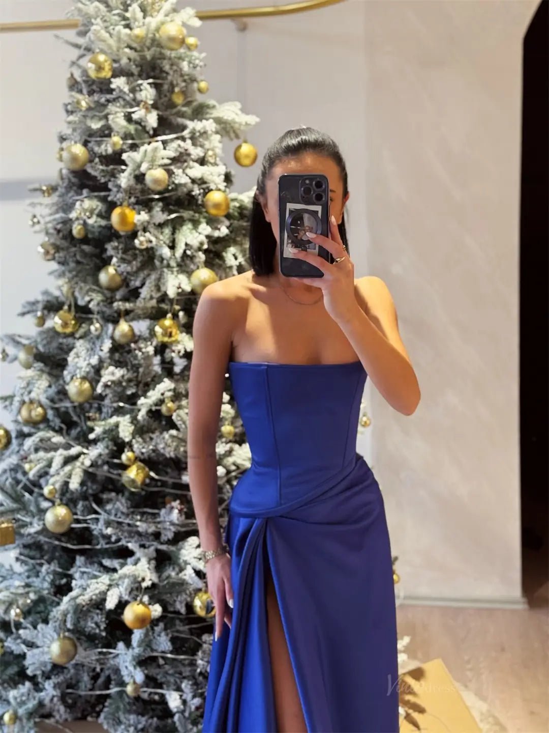 Royal Blue Strapless Satin Prom Dresses 2025 with Slit – FD5215-prom dresses 2025 -Viniodress-Blue-Custom Size-