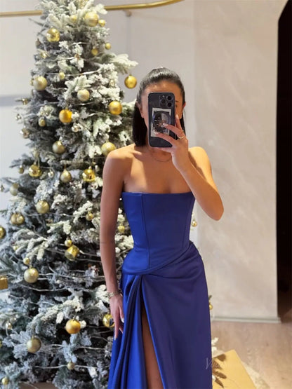 Royal Blue Strapless Satin Prom Dresses 2025 with Slit – FD5215-prom dresses 2025 -Viniodress-Blue-Custom Size-