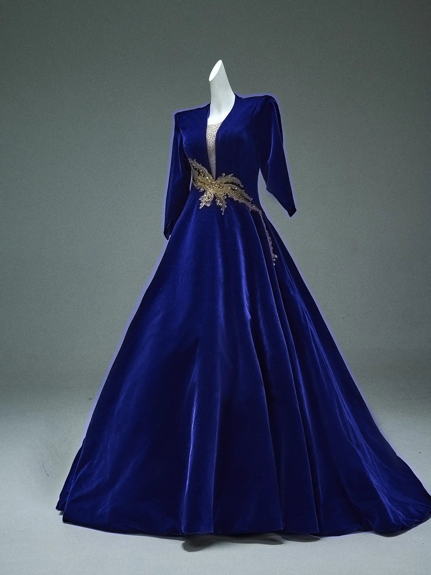 Royal Blue Velvet Prom Dresses with Plunging V-Neck, Short Sleeve & Corset Back