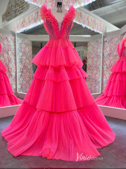 Ruffle Prom Dresses Pleated Tulle Lavender Purple Gown FD4000-prom dresses 2025 -Viniodress-Hot Pink-Custom Size-
