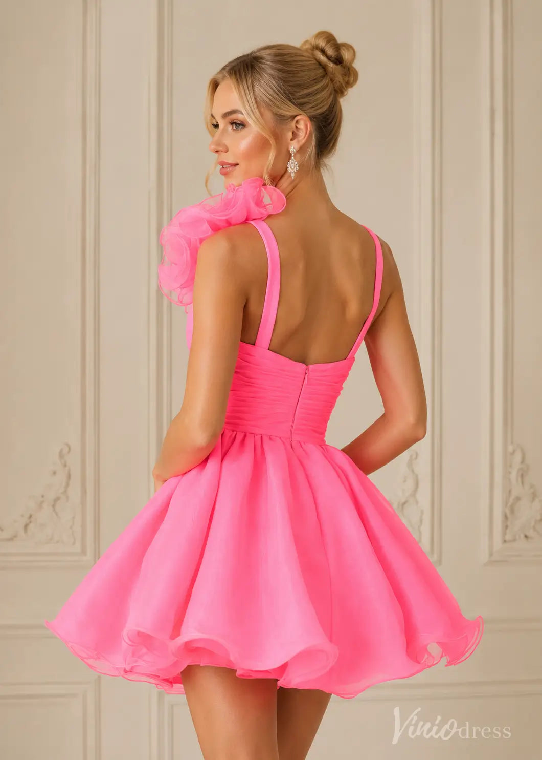 S26098 hot pink organza mini dress with ruffled shoulder and pleated bodice.