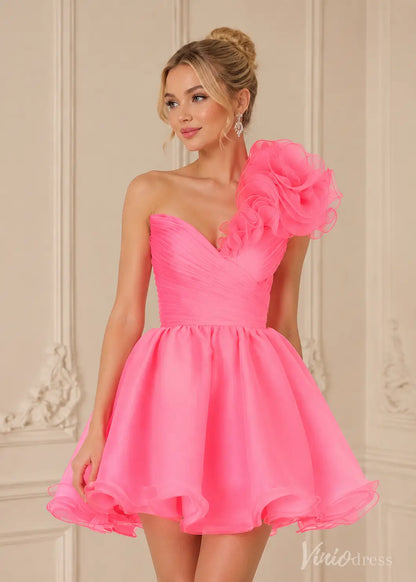 S26098 hot pink organza mini dress with one-shoulder ruffled sleeve and ruched bodice.