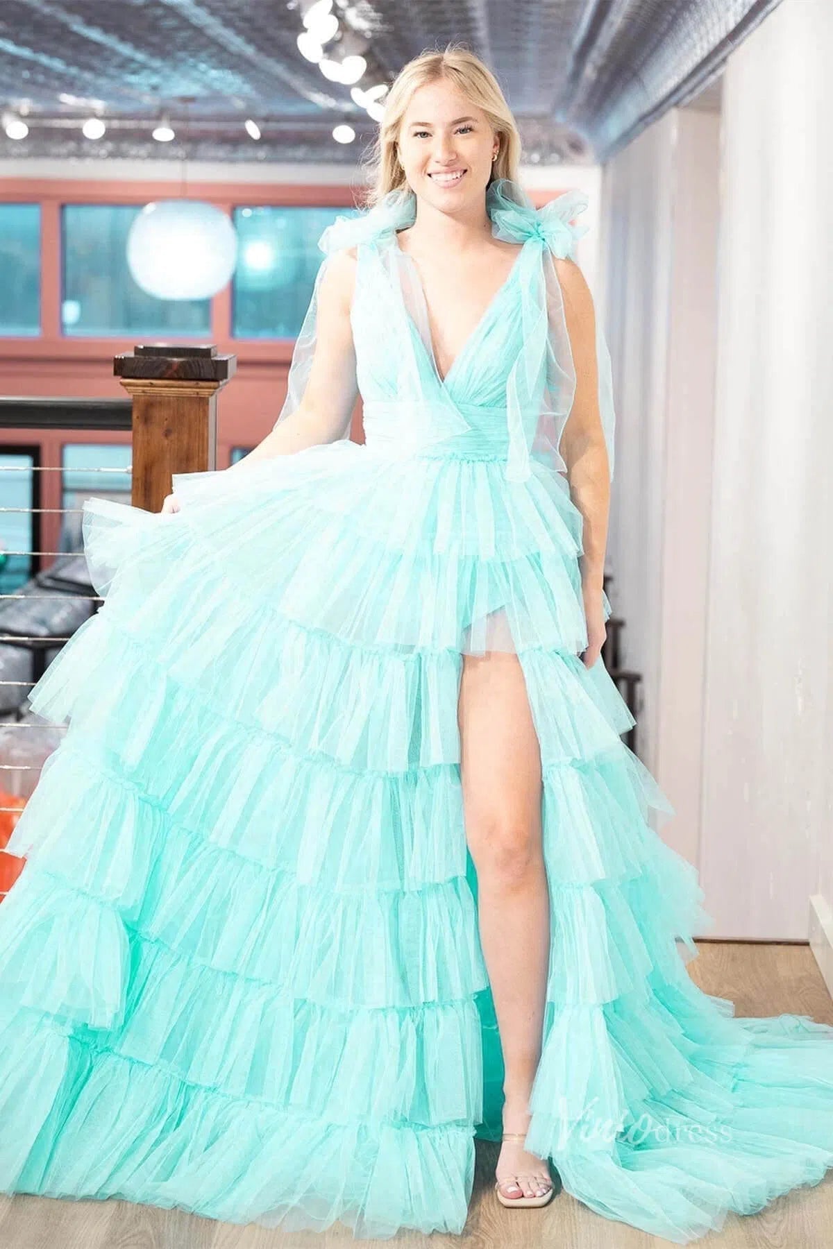 Ruffled Pleated Tulle Prom Dresses with Slit Bow Shoulder V-Neck FD4004-prom dresses 2025 -Viniodress-Aqua-Custom Size-