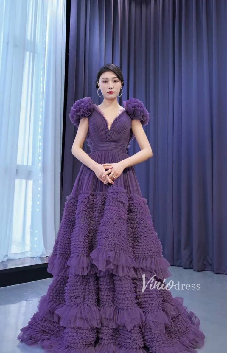 Ruffled Purple Formal Dress V-neck Layered Prom Dresses 67448 – Viniodress