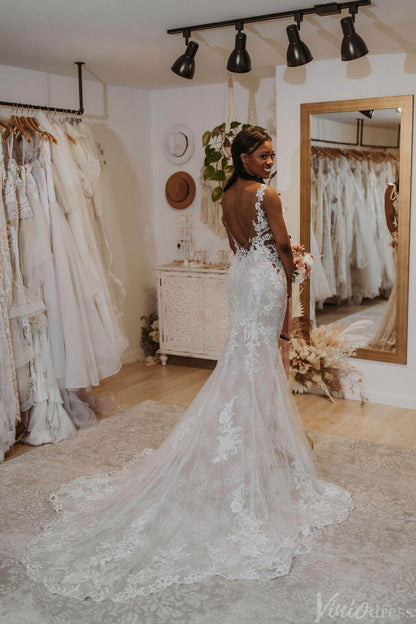 Rustic Lace Mermaid Wedding Dresses Backless Chapel Train Bridal Gown VW2156-wedding dresses 2025 -Viniodress-Ivory-Custom Size-