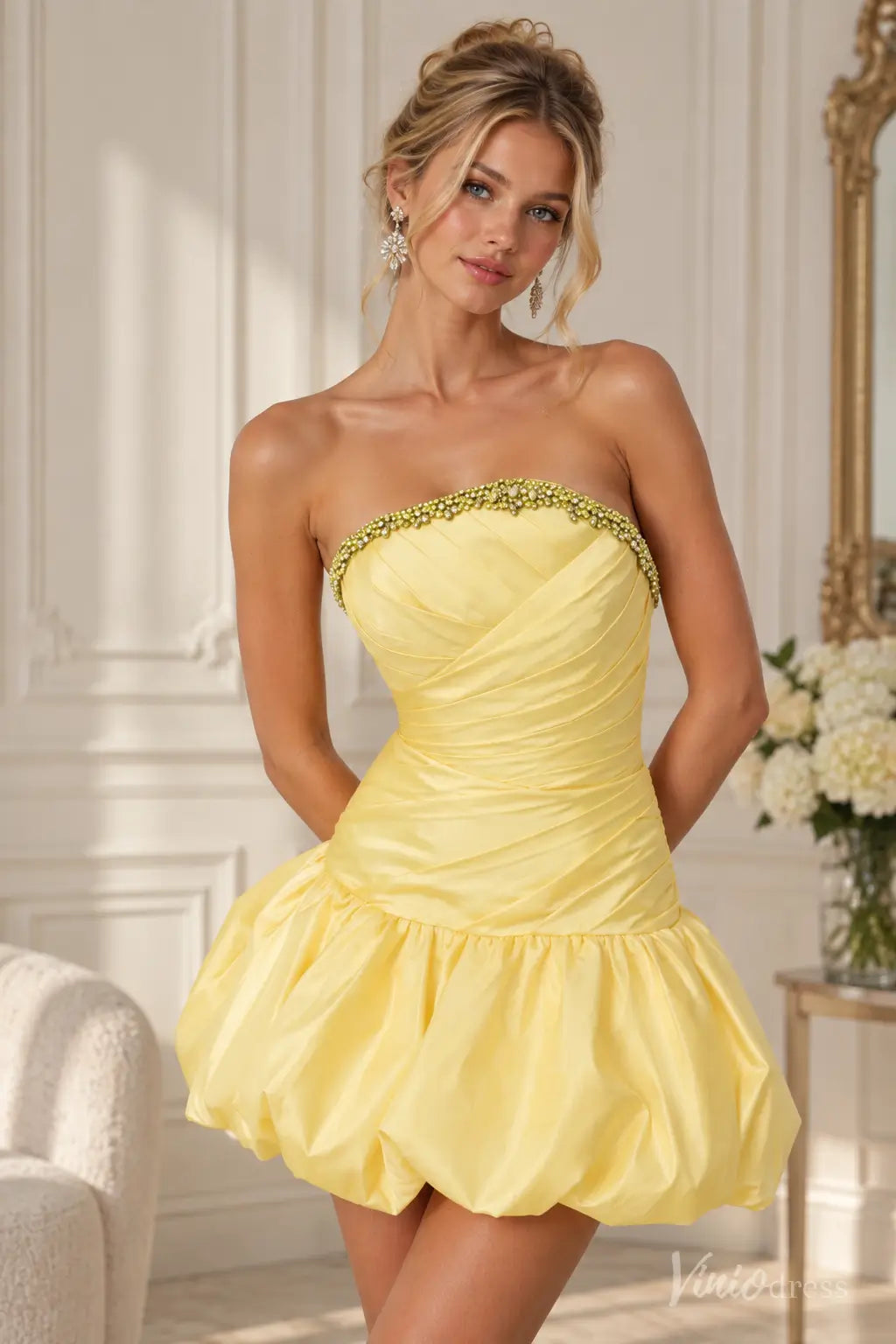 Strapless Bubble Hem Homecoming Dress with Beaded Trim - S26150