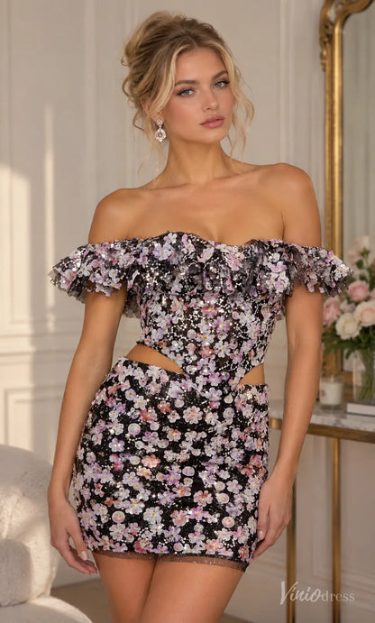 Floral Sequin Off-the-Shoulder Homecoming Dress with Cutouts - S26153