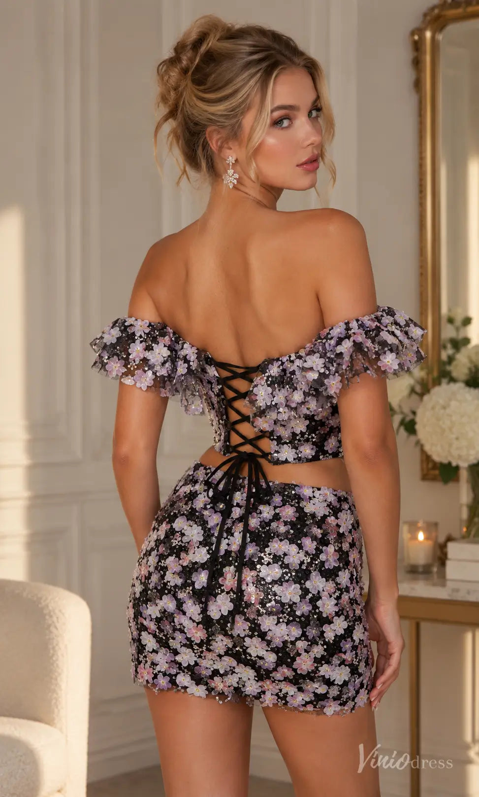 Floral Sequin Off-the-Shoulder Homecoming Dress with Cutouts - S26153