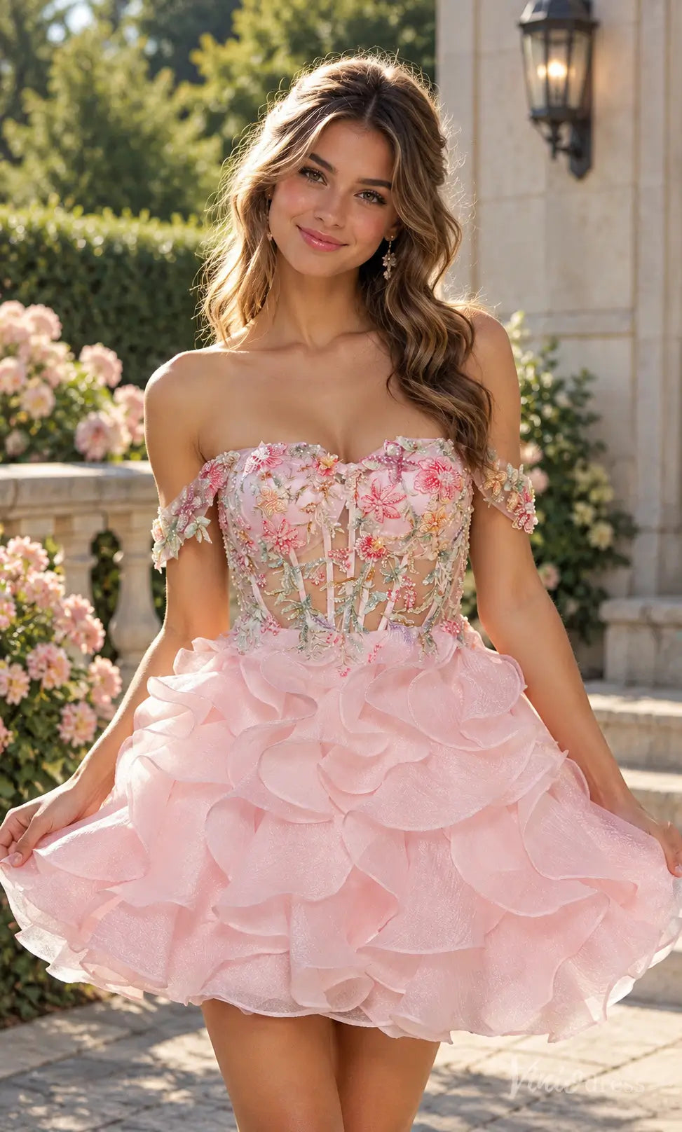 Off-the-Shoulder Floral Corset Homecoming Dress with Ruffle Skirt - S26158