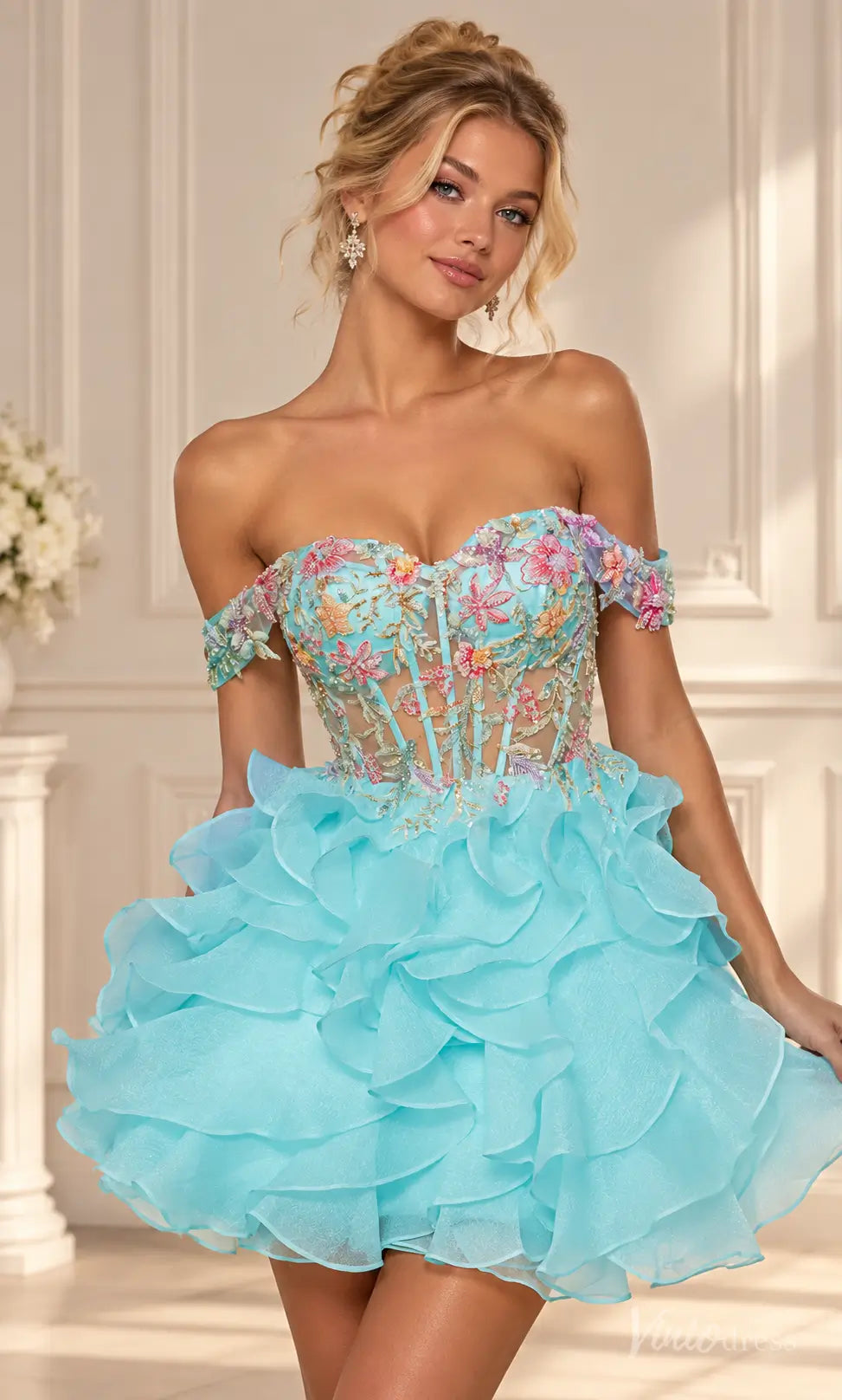 Off-the-Shoulder Floral Corset Homecoming Dress with Ruffle Skirt - S26158