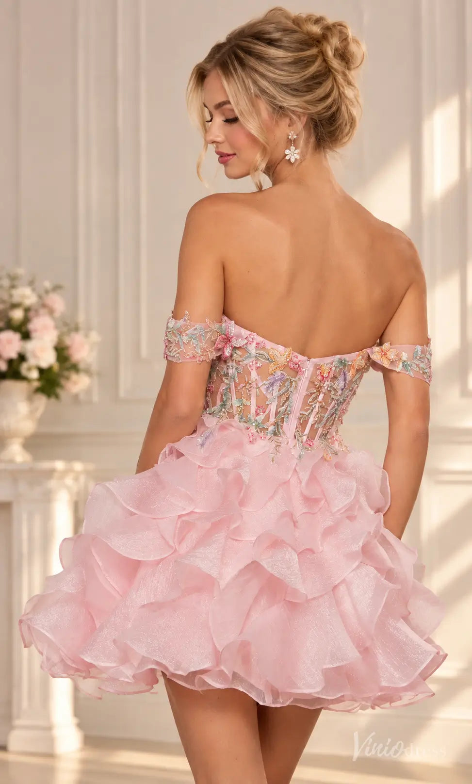 Off-the-Shoulder Floral Corset Homecoming Dress with Ruffle Skirt - S26158