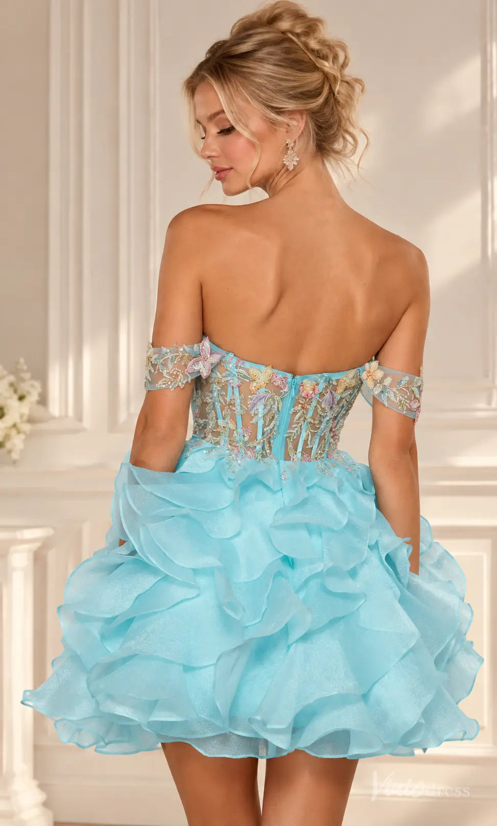 Off-the-Shoulder Floral Corset Homecoming Dress with Ruffle Skirt - S26158