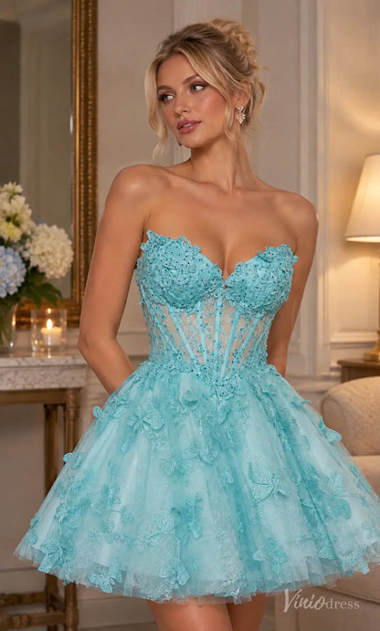 Aqua Blue Butterfly Corset Homecoming Dress with Sweetheart Neckline - S26159