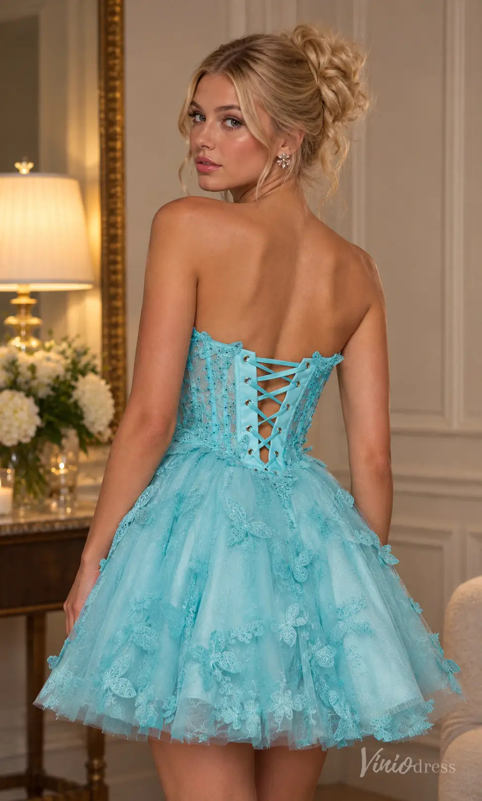Aqua Blue Butterfly Corset Homecoming Dress with Sweetheart Neckline - S26159