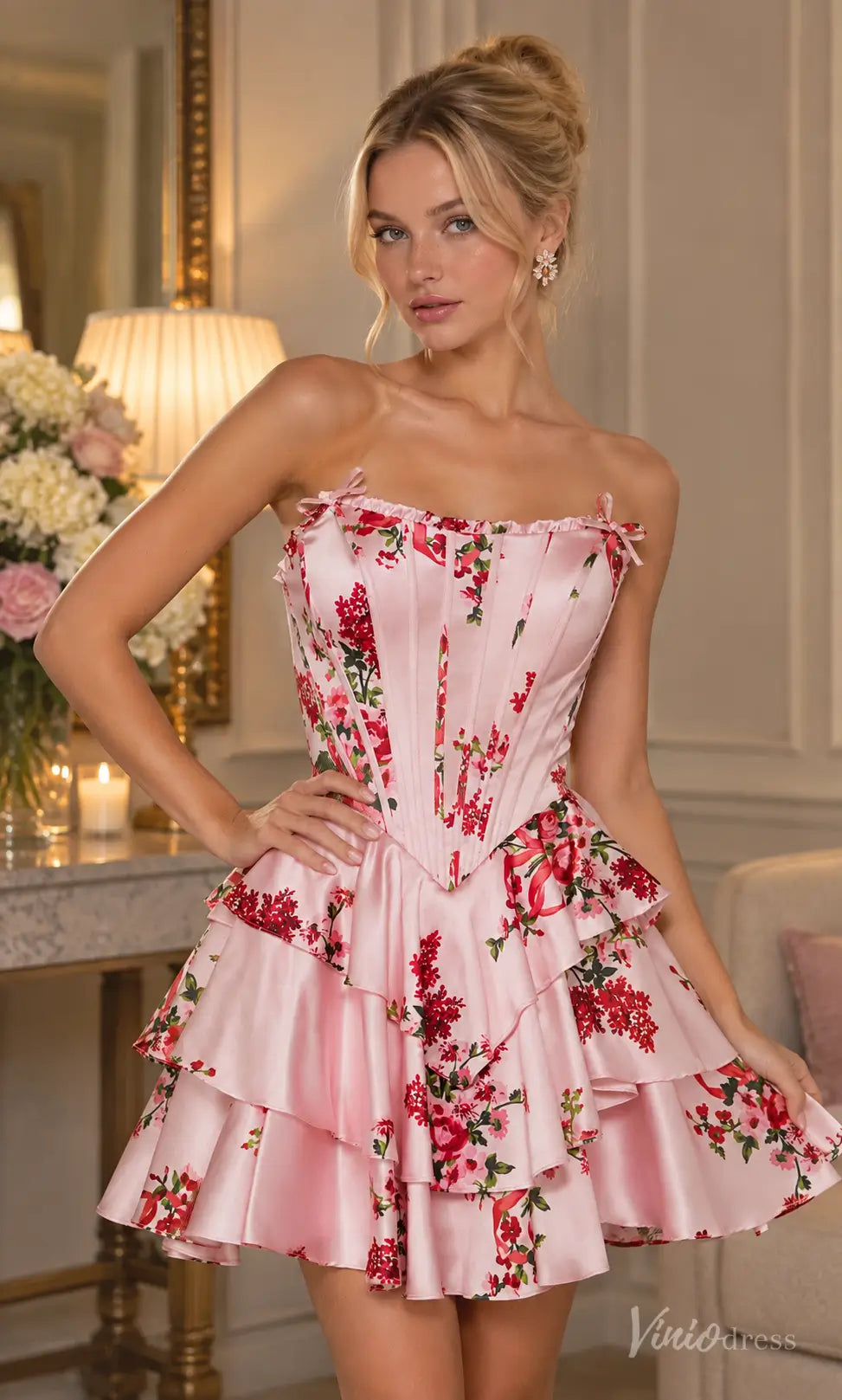 Pink Floral Satin Corset Homecoming Dress with Tiered Ruffle Skirt - S26161